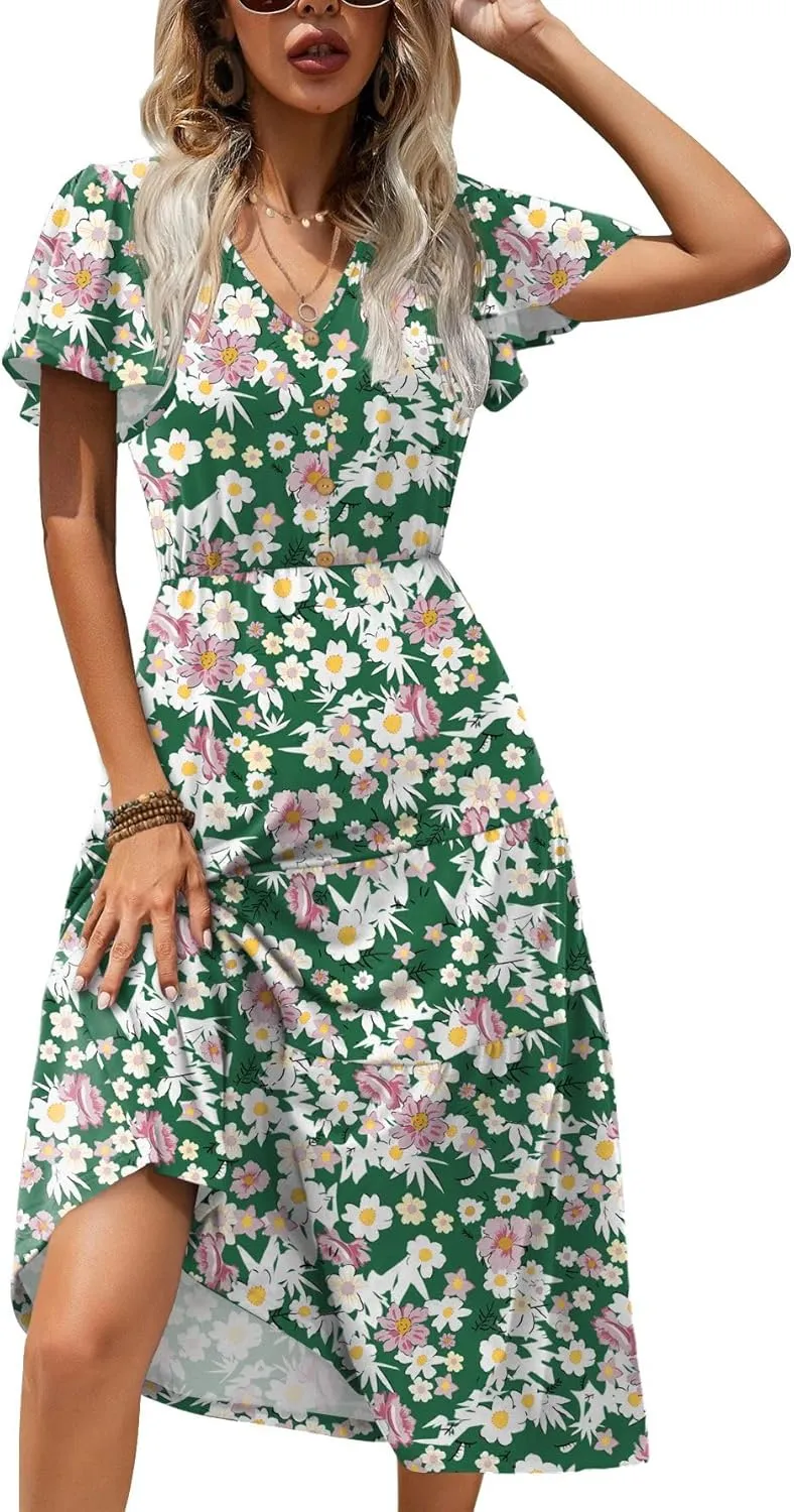 Zeagoo Women's Casual Dress Flutter Button Down Tiered Flowy Dress