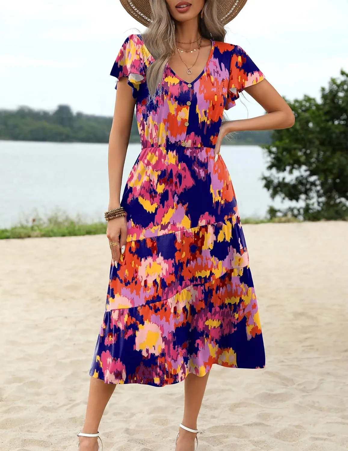 Zeagoo Women's Casual Dress Flutter Button Down Tiered Flowy Dress