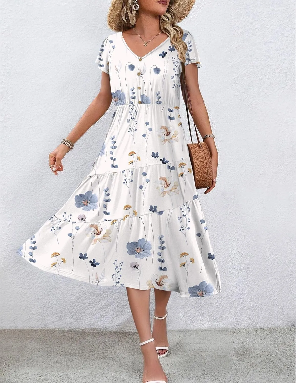 Zeagoo Women's Casual Dress Flutter Button Down Tiered Flowy Dress