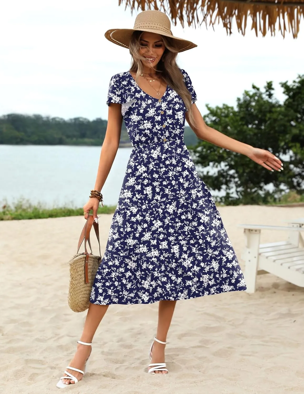 Zeagoo Women's Casual Dress Flutter Button Down Tiered Flowy Dress