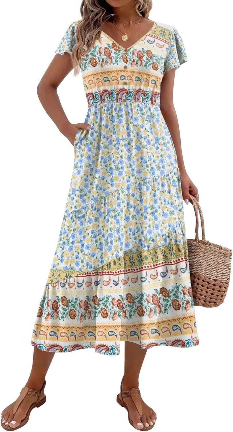 Zeagoo Women's Casual Dress Flutter Button Down Tiered Flowy Dress