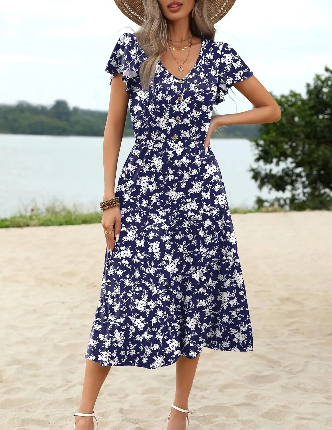 Zeagoo Women's Casual Dress Flutter Button Down Tiered Flowy Dress