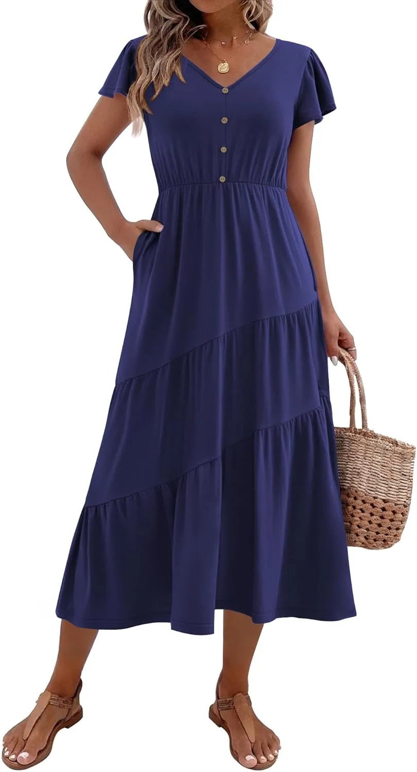 Zeagoo Women's Casual Dress Flutter Button Down Tiered Flowy Dress