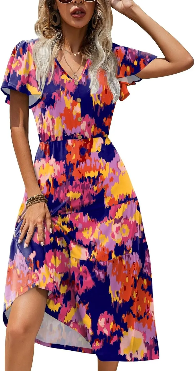Zeagoo Women's Casual Dress Flutter Button Down Tiered Flowy Dress