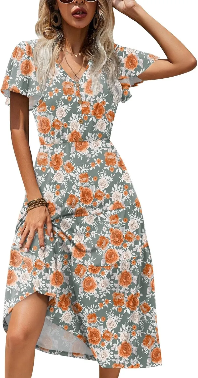 Zeagoo Women's Casual Dress Flutter Button Down Tiered Flowy Dress
