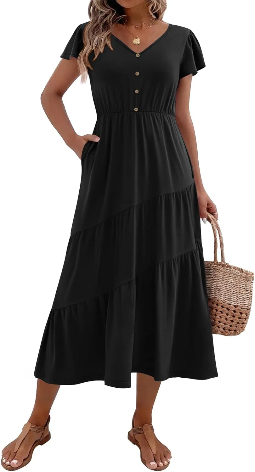 Zeagoo Women's Casual Dress Flutter Button Down Tiered Flowy Dress