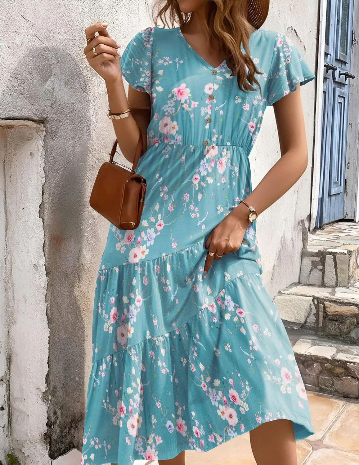 Zeagoo Women's Casual Dress Flutter Button Down Tiered Flowy Dress