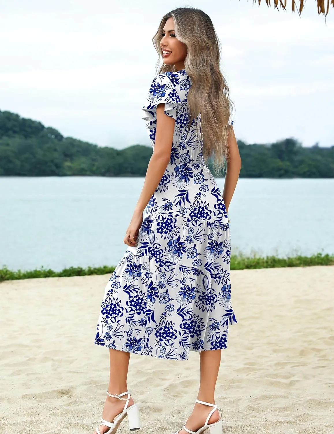 Zeagoo Women's Casual Dress Flutter Button Down Tiered Flowy Dress