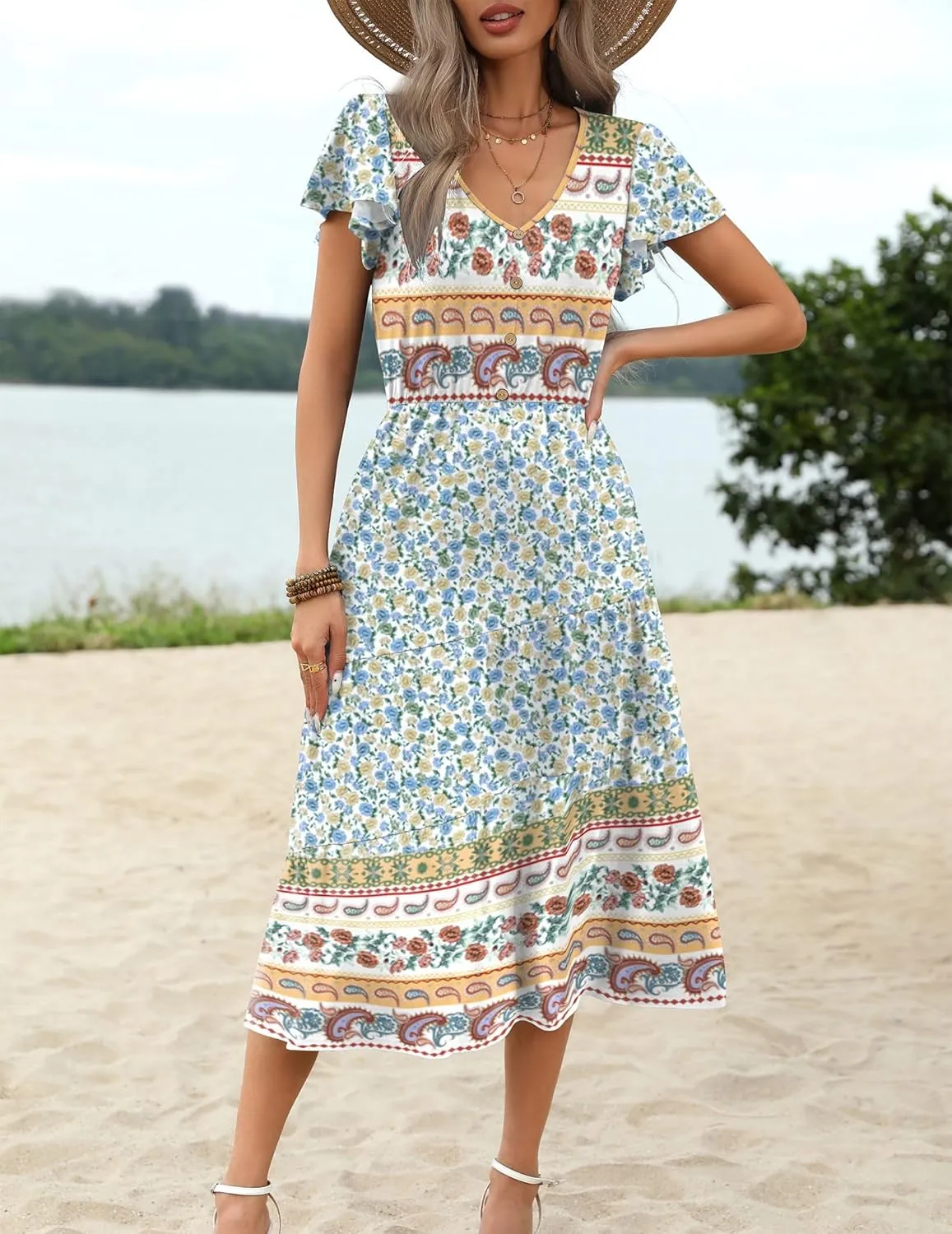 Zeagoo Women's Casual Dress Flutter Button Down Tiered Flowy Dress