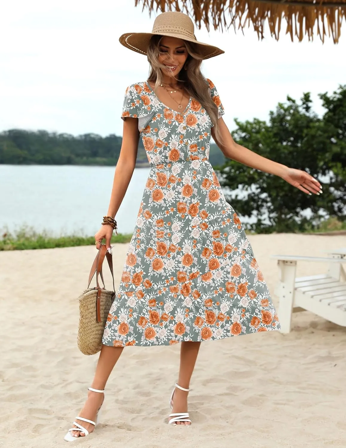 Zeagoo Women's Casual Dress Flutter Button Down Tiered Flowy Dress