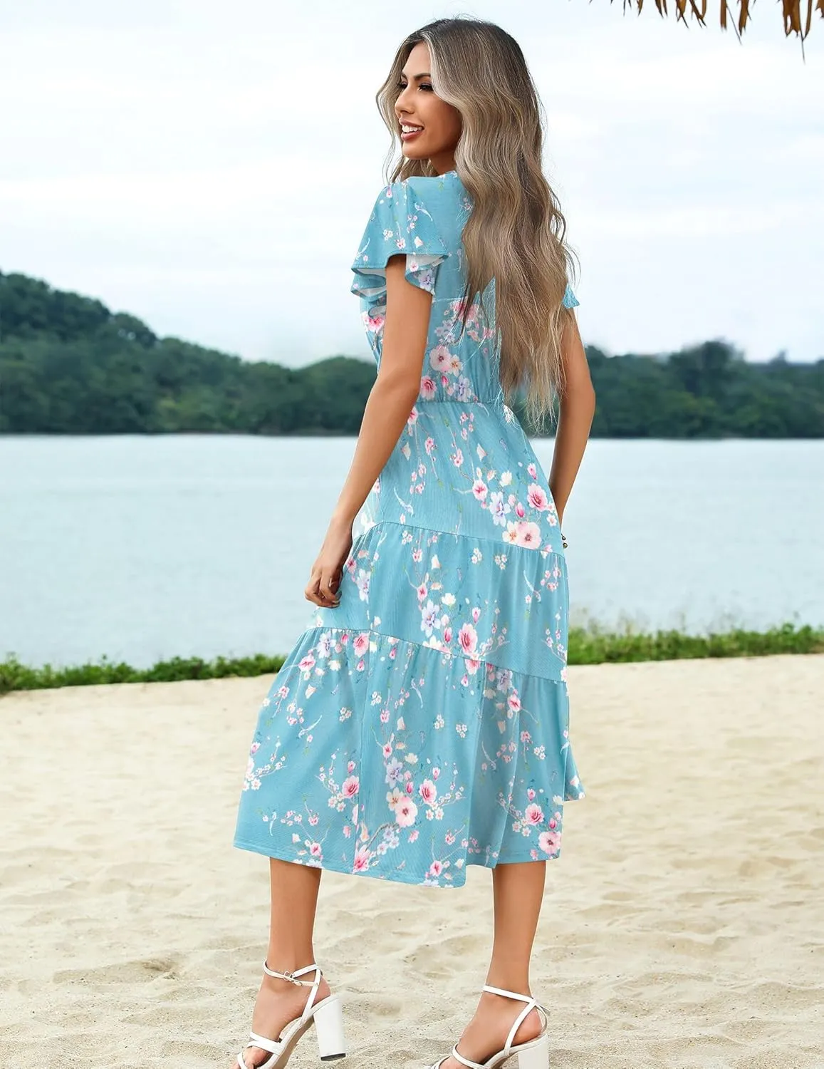 Zeagoo Women's Casual Dress Flutter Button Down Tiered Flowy Dress
