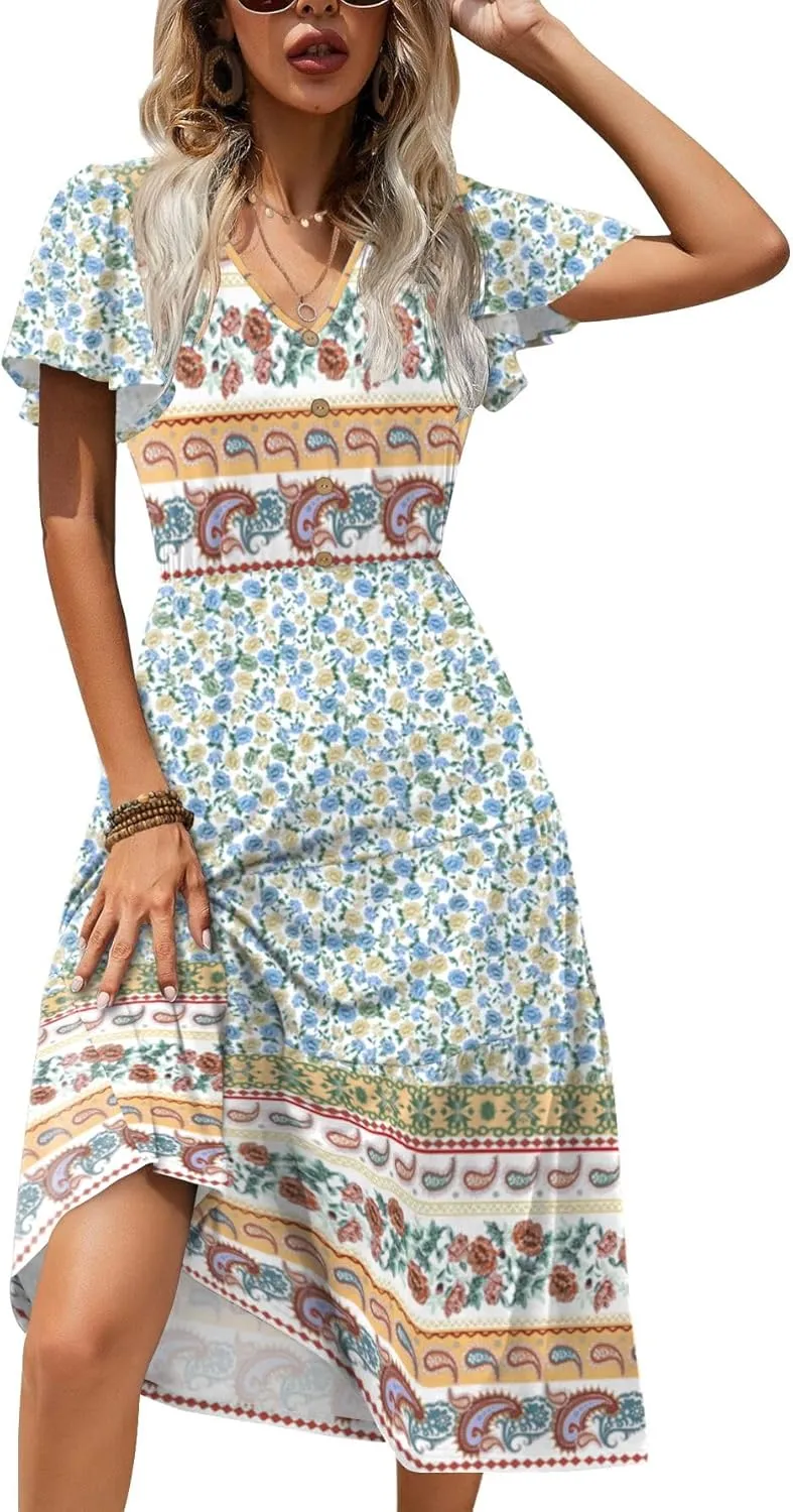 Zeagoo Women's Casual Dress Flutter Button Down Tiered Flowy Dress