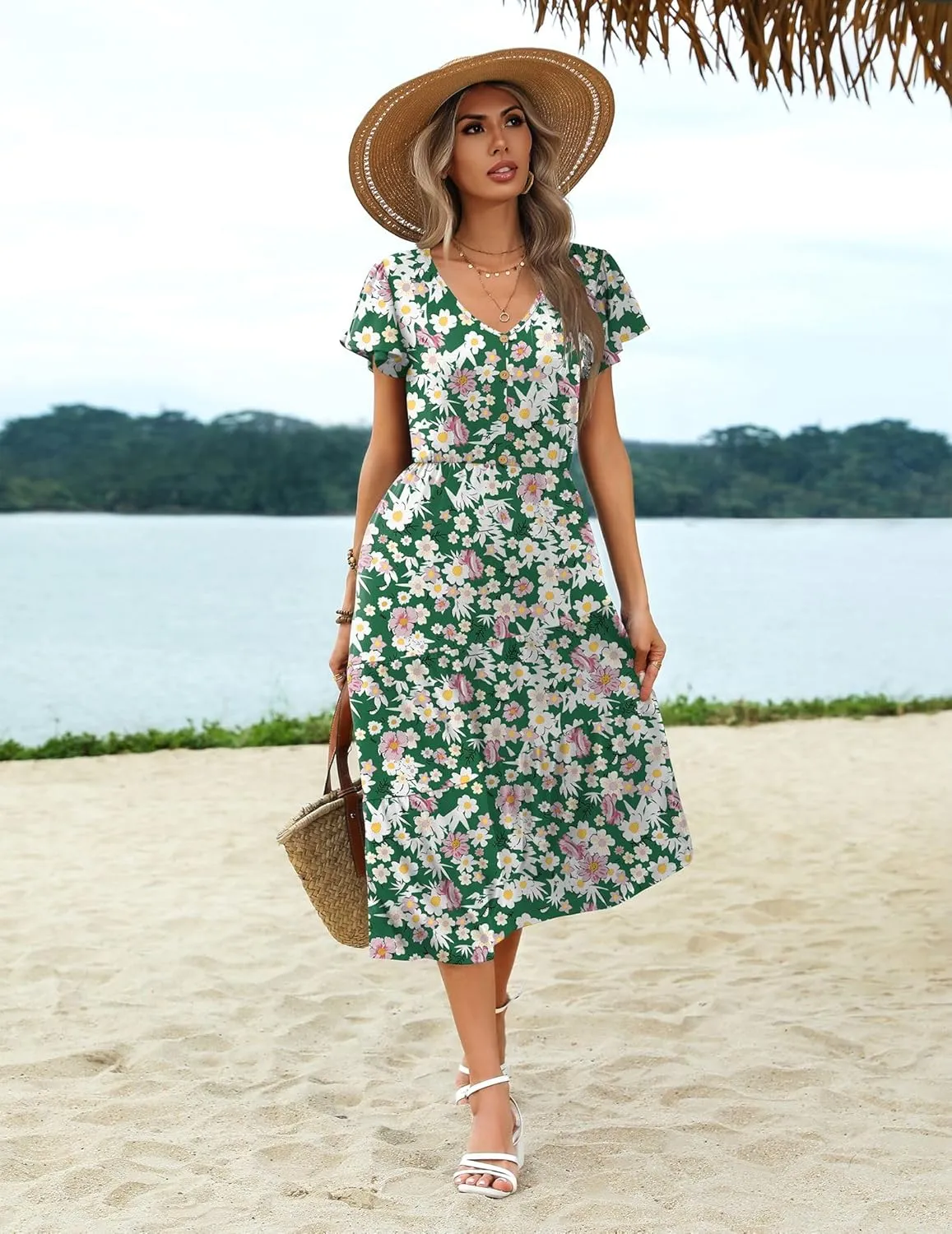 Zeagoo Women's Casual Dress Flutter Button Down Tiered Flowy Dress