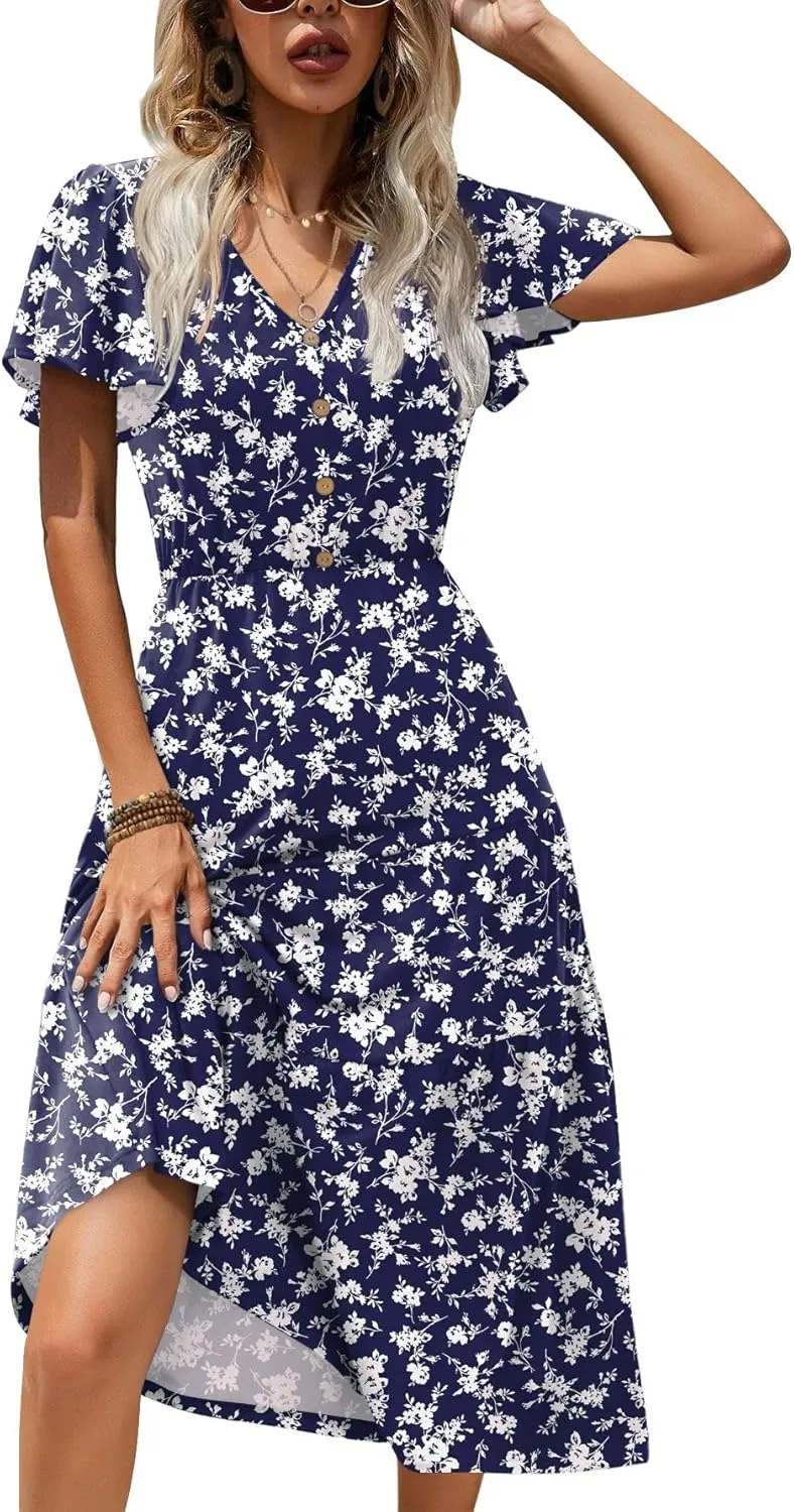 Zeagoo Women's Casual Dress Flutter Button Down Tiered Flowy Dress