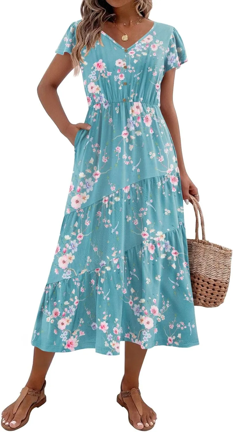 Zeagoo Women's Casual Dress Flutter Button Down Tiered Flowy Dress