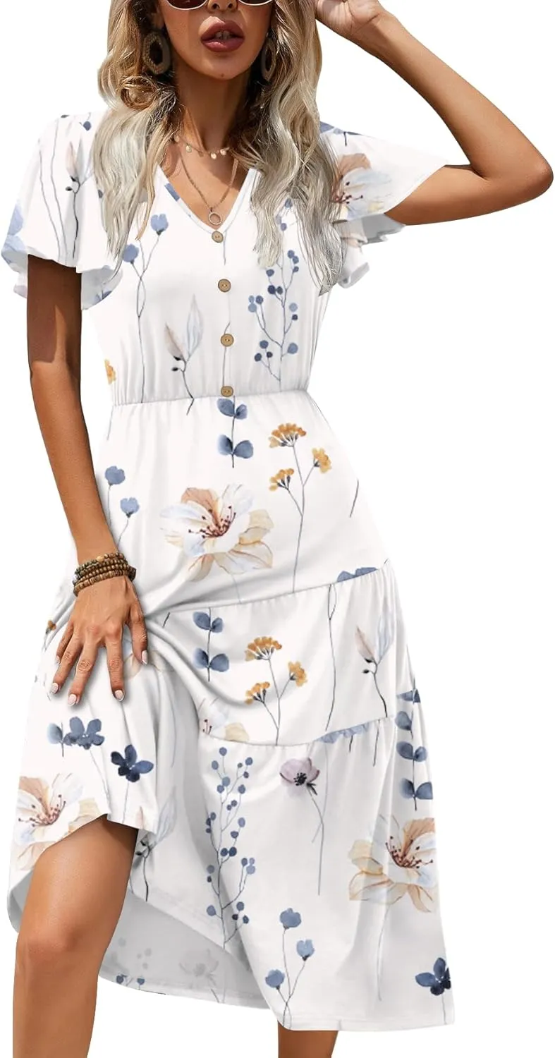 Zeagoo Women's Casual Dress Flutter Button Down Tiered Flowy Dress
