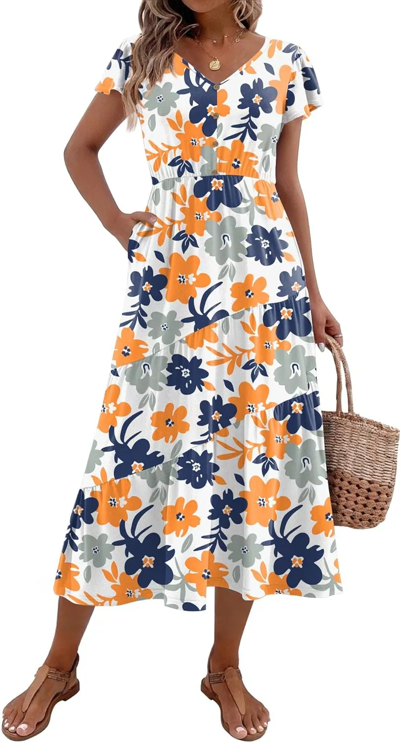 Zeagoo Women's Casual Dress Flutter Button Down Tiered Flowy Dress