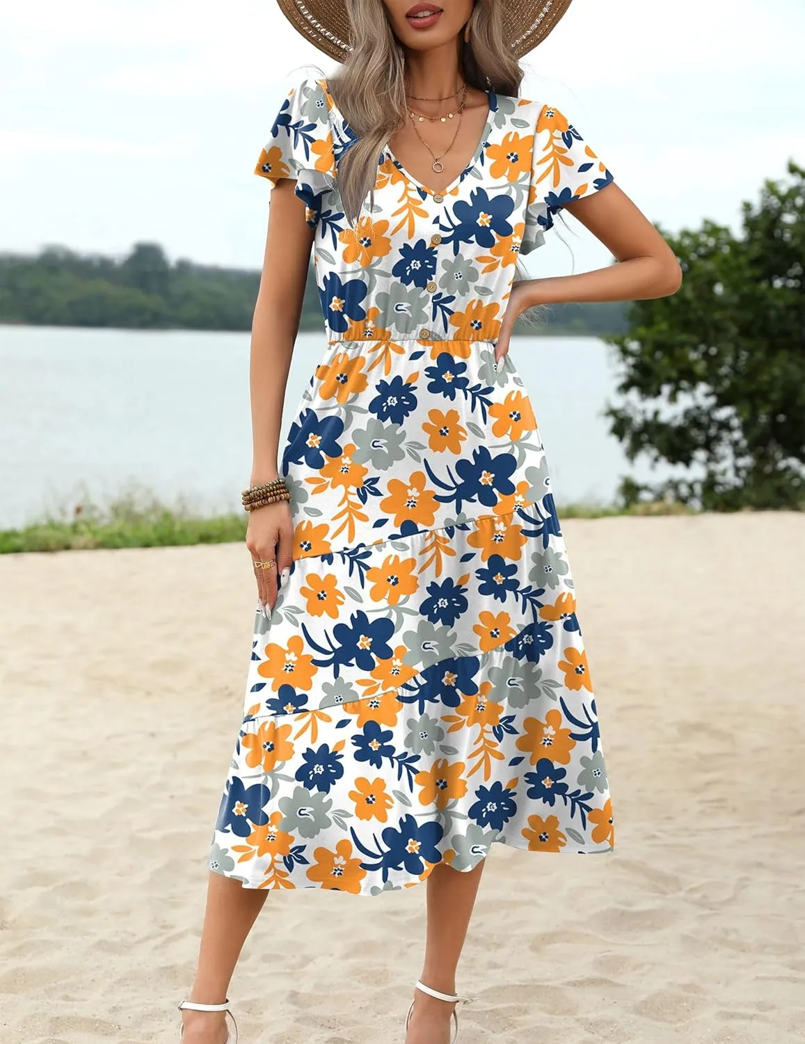 Zeagoo Women's Casual Dress Flutter Button Down Tiered Flowy Dress