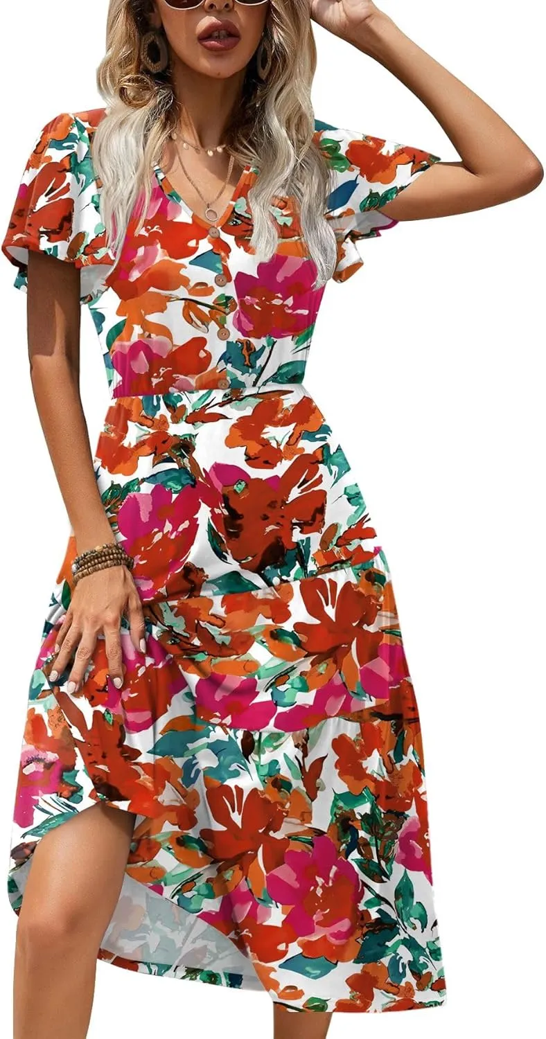 Zeagoo Women's Casual Dress Flutter Button Down Tiered Flowy Dress