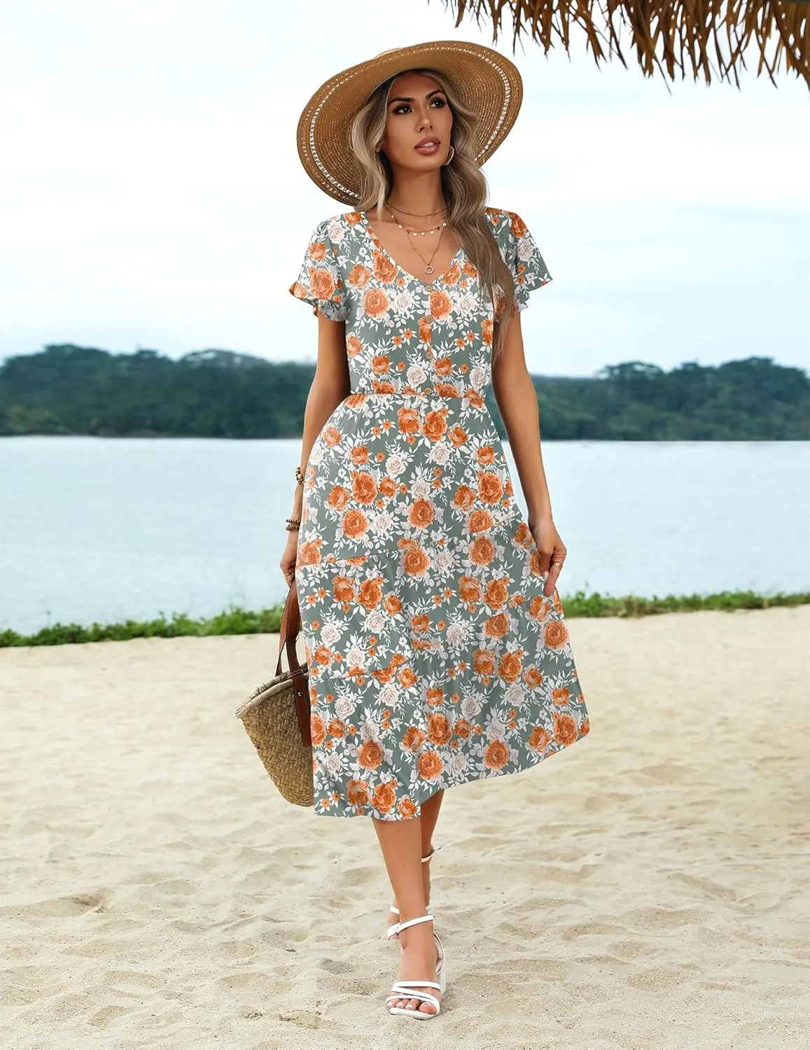 Zeagoo Women's Casual Dress Flutter Button Down Tiered Flowy Dress