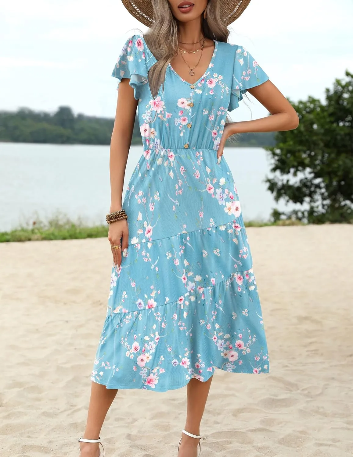 Zeagoo Women's Casual Dress Flutter Button Down Tiered Flowy Dress