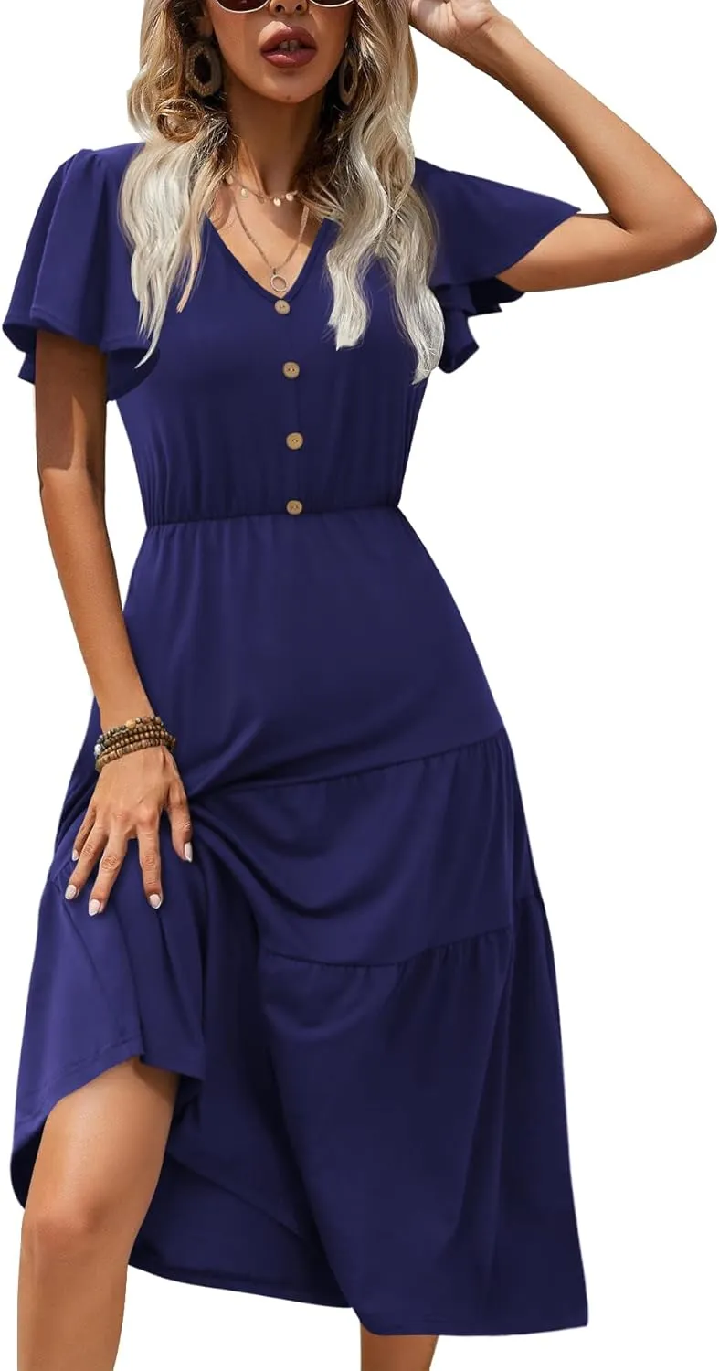 Zeagoo Women's Casual Dress Flutter Button Down Tiered Flowy Dress