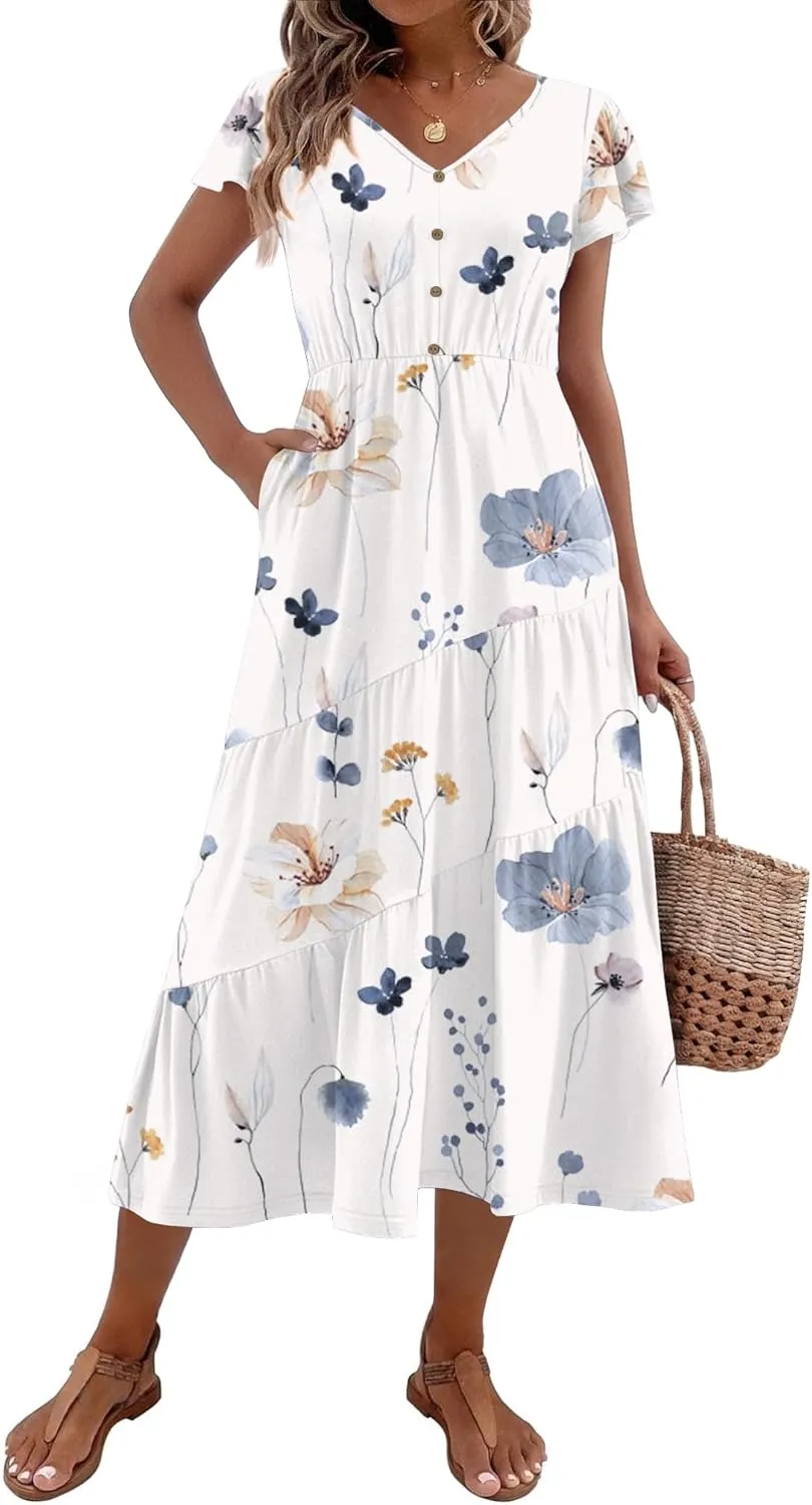 Zeagoo Women's Casual Dress Flutter Button Down Tiered Flowy Dress