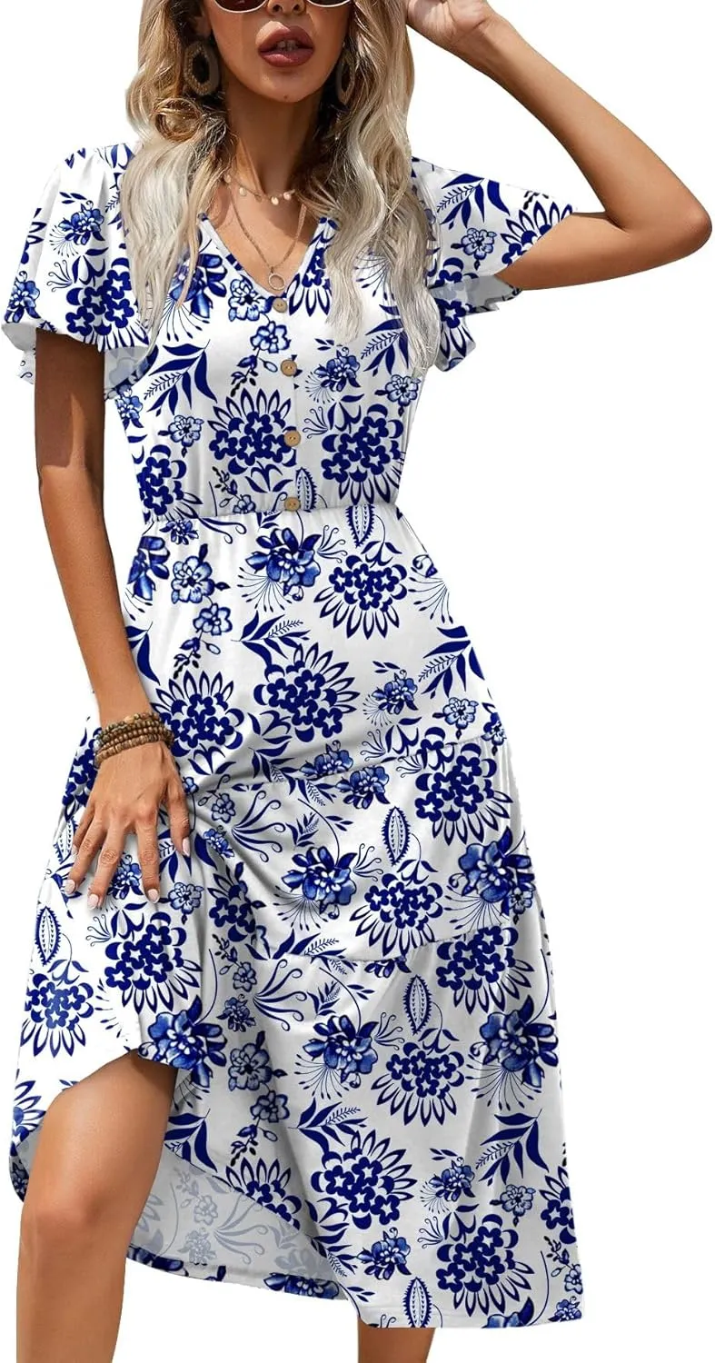 Zeagoo Women's Casual Dress Flutter Button Down Tiered Flowy Dress