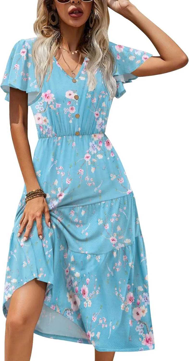 Zeagoo Women's Casual Dress Flutter Button Down Tiered Flowy Dress