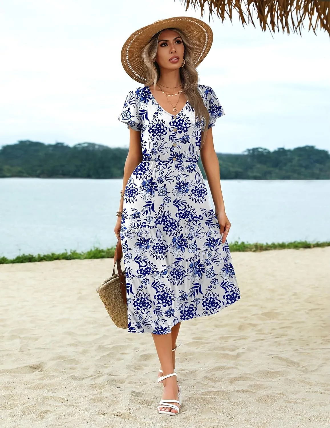 Zeagoo Women's Casual Dress Flutter Button Down Tiered Flowy Dress