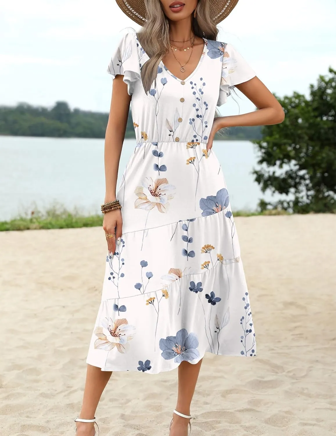 Zeagoo Women's Casual Dress Flutter Button Down Tiered Flowy Dress