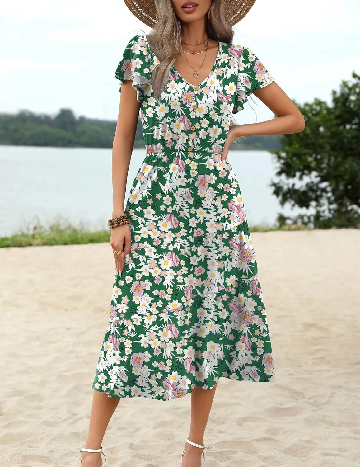 Zeagoo Women's Casual Dress Flutter Button Down Tiered Flowy Dress