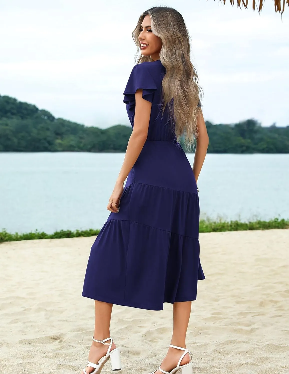 Zeagoo Women's Casual Dress Flutter Button Down Tiered Flowy Dress